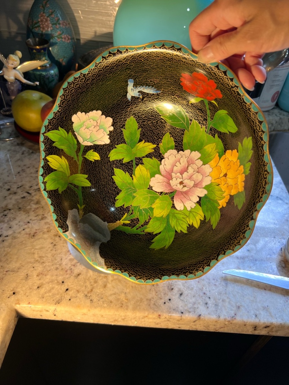 Antique Black Cloisonné Floral Scalloped Bowl with Multicolor Flowers Peonies